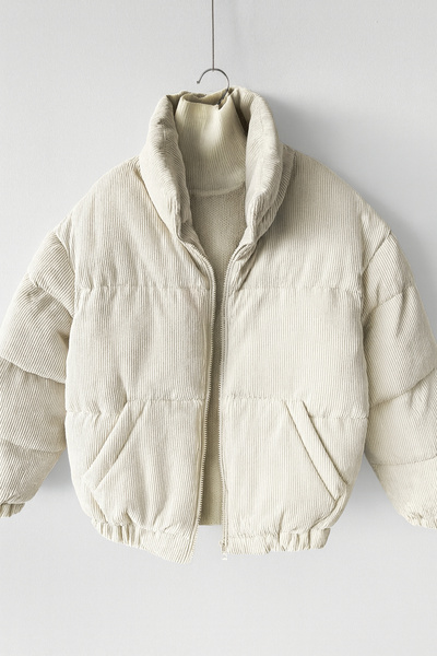 NO1 KONSEPT Cream Turtleneck Corded Fabric Velvet Filled Coat