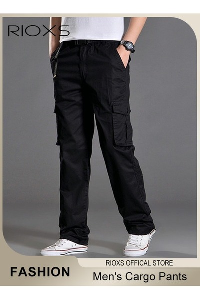 RIOXS بنطلون كارجو رجالي، بنطلون قصة مريحة وخصر مطاطي مع جيوب متعددة، طول كام...
