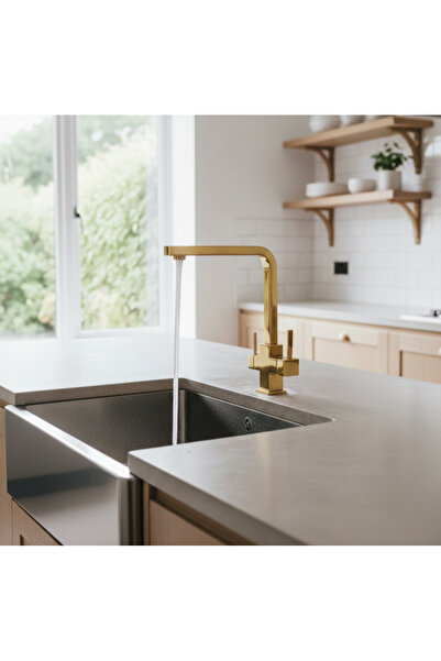 EMFA AKSESUAR حنفية مطبخ ذهبية مربعة الشكل - حنفية مطبخ ذهبية مُعالجة