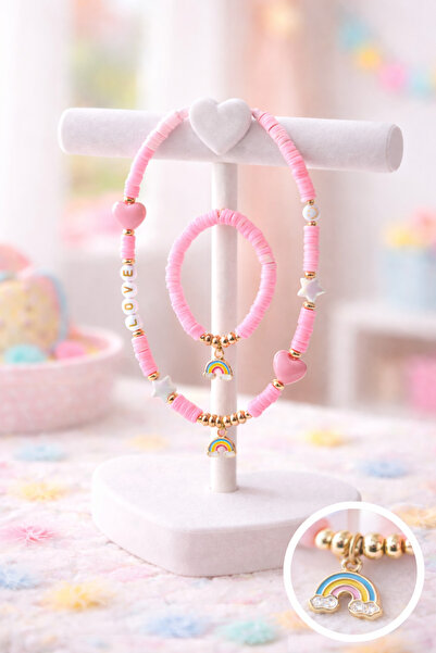 Moonbelle Kız Çocuk Pembe Heishi Boncuk Gökkuşağı Detaylı 2’li Kolye Bileklik...