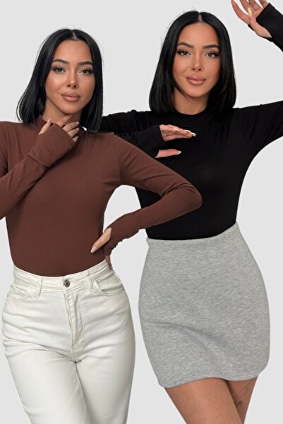 Lunamiratto Women's Black Bitter Brown 2-Piece Finger Detail Bodycon Blouse w...