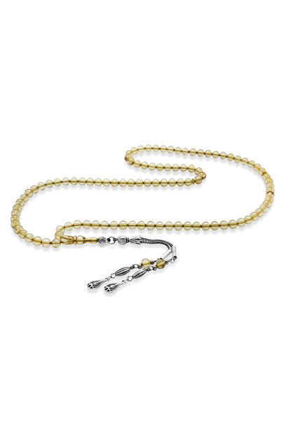 Tesbihane Fire Amber Prayer Beads - Non-Tarnish Metal with Tassel - Transpare...