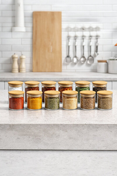 Evsun Home Collection Borosilicate Glass Spice Jar with Bamboo Lid 12 Pieces ...
