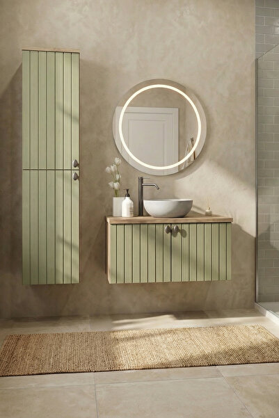 AdnDesing Banyo Dolabı Seti-Ahşap Yeşil Mat Lake Boyalı-Doğal Ahşap-Boy Dolab...