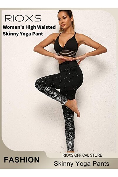 RIOXS Women's High Waisted Skinny Yoga Pants Black Silver Sports Leggings Tig...