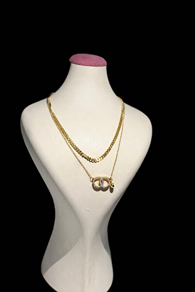 STAİNLES 316L Çelik Gold renk 2'li Zincir Model Geçme Halka Model Zirkon Taşl...