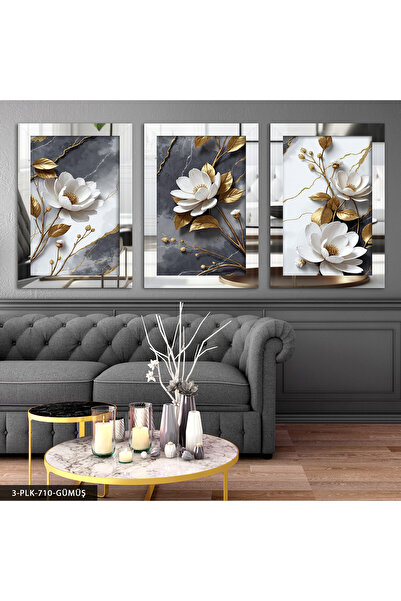 Evinemoda Dokulu Görünüm Beyaz Çiçek 3 Parça Pleksi Aynalı Tablo