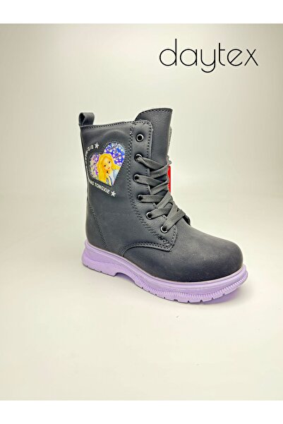 Daytex Girl's Princess Patterned Lace-Up Boots – Black & Black-Lilac Color Op...