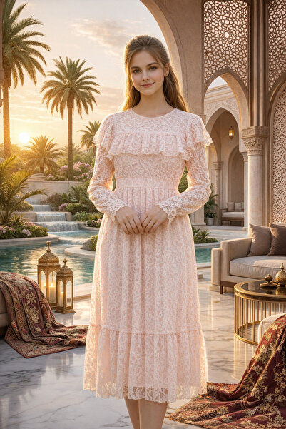 HÇ Hülya Çelik KİDSWEAR 2018 Rochie pentru fetiță din dantelă roz pudrat, cu ...