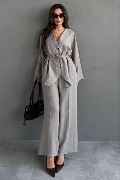 Madmext Set de damă din modal dublu, cu decolteu în V, cu nasturi, cu centură...