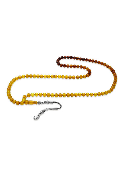 Tesbihane Damla Kehribar Namaz Tesbihi - 925 Ayar Gümüş Püsküllü - Süzme Sarı...