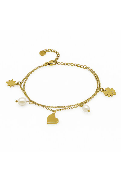 Tesbihane Women's Steel Lucky Bracelet - Gurmet Forsa Chain - Pearl Decoratio...