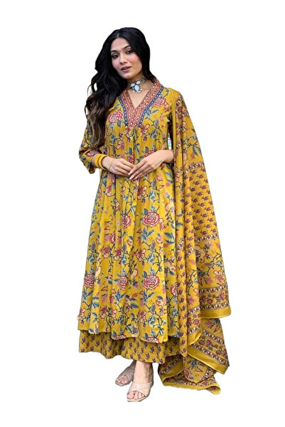 MYSMAR Women Floral Printed Anarkali Kurta with Palazzos & With Dupatta - ALV...