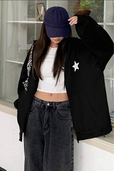 CAST COLLECTİON سترة نسائية بغطاء للرأس باللون الأسود مطبوع