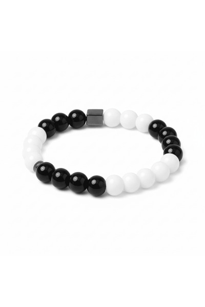 Tesbihane Sphere Cut Black White Jade Onyx Hematite Natural Stone Women's Fan...