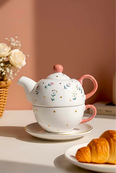 Rivaİstanbul Pink Flower Amore 4 Piece Teapot & Cup Set