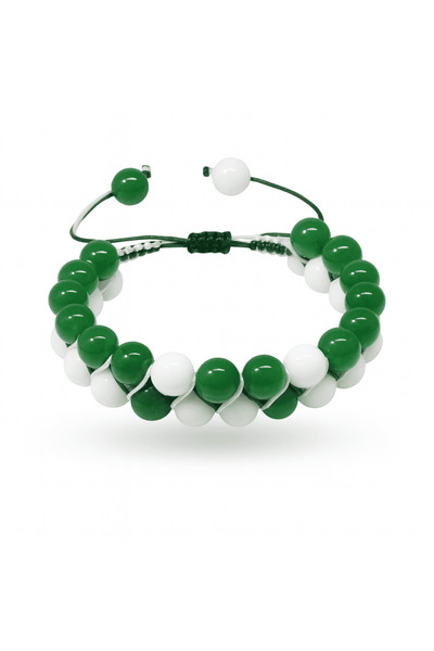 Tesbihane Double Row Macrame Braided Sphere Cut Green White Jade Natural Ston...