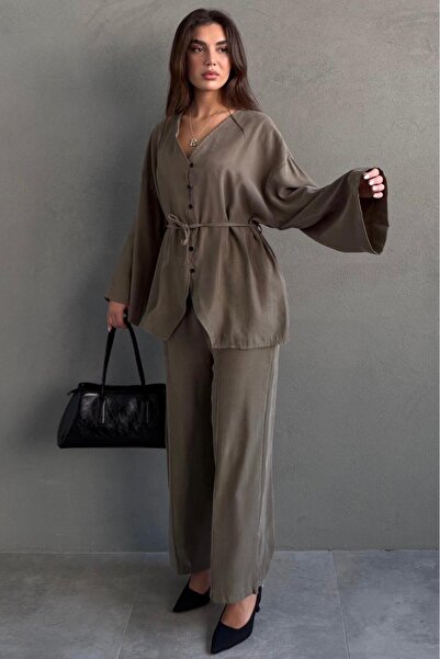 Madmext Set de damă din modal dublu, cu decolteu în V, cu nasturi, cu centură...