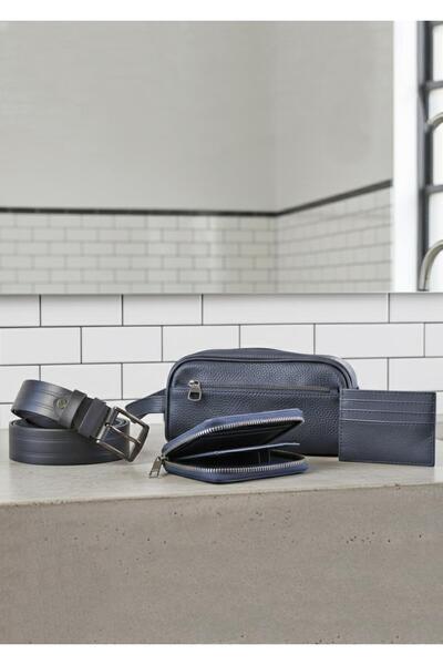 Duke Nickle Men's Navy Blue Bag Wallet Card Holder Belt 4-Piece Stylish Gift Set