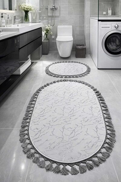 Monnhein Glitter Bamboo 2-Piece Bath Mat Set, with Pompom, Non-Slip Leather B...