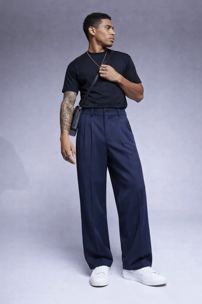 COMBİNE MİCHAİL بنطلون رجالي فضفاض واسع الساق باللون الأزرق