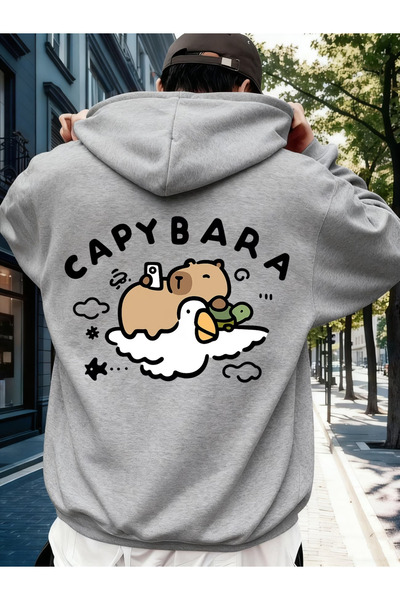 Marco Fresco Back Printed Hooded Oversized Black Sweatshirt with Kangaroo Pocket