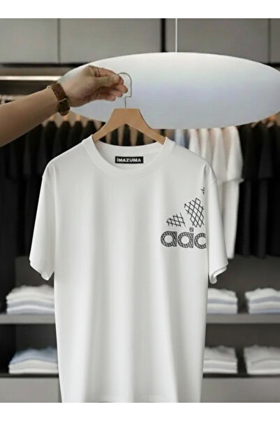 İnazuma Outdoors تيشيرت أبيض مطبوع بقصة واسعة للجنسين من أدي، بياقة دائرية وأ...