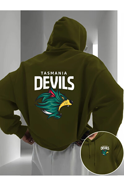 ELAN WEAR Devils back Printed Hooded Oversized kangaroo pocket sweatshirt