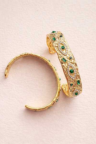 PLUİE Çelik Vintage Yeşil Taşlı Kelepçe