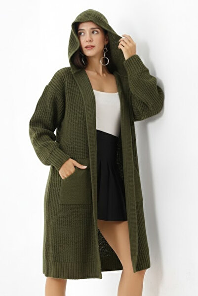 Marvine Women's Khaki Oversized Pocket Hooded Knitwear Cardigan