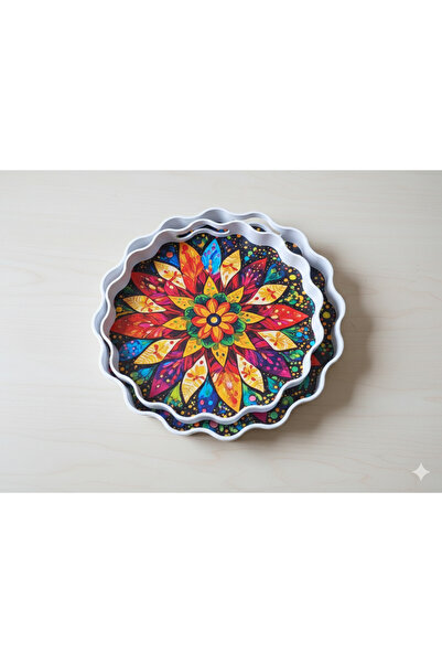 MENNUR HOME 2-Piece Daisy Mandala Patterned Colorful Presentation Tray Set - ...