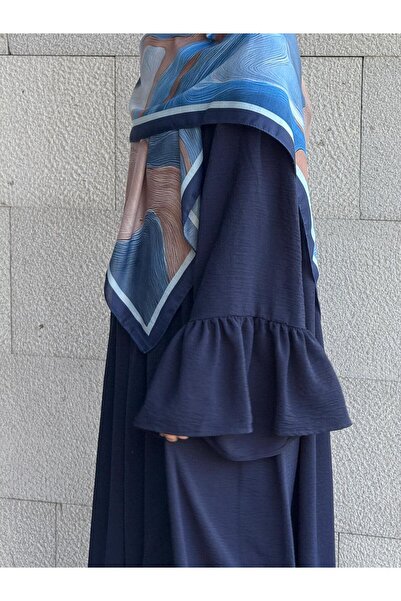 Qalortex Scarf Airobin Wide Sleeve Dress-Navy Blue
