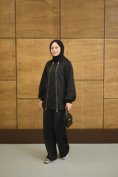 LOCCO Women's Hooded Double Zipper Detail Regular Scuba Suit Black