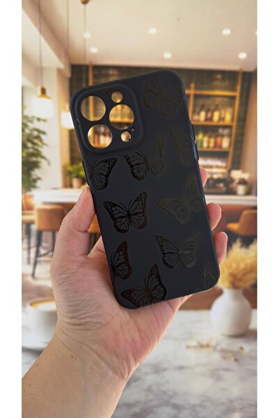 Vip Case iPhone 13 Pro Max Compatible Black Butterfly Patterned Silicone Shoc...