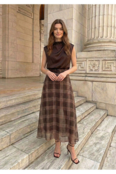 Purpleclo Kısa Astarlı Desenli Uzun Şifon Etek