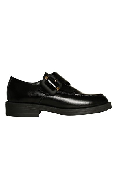 Platin Black Leather Women's Buckle Casual Shoes