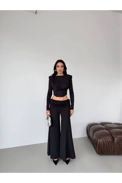 LOCH BUTİK Women's Black Trousers Drawstring Shoulder Pad Piece Double Set