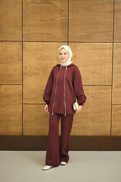 LOCCO Women's Hooded Double Zipper Detail Regular Scuba Suit Claret Red