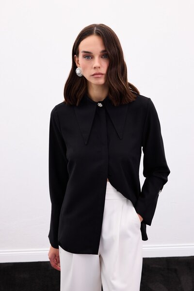 Sateen Shirt with Collar and Cuff Accessories - Black