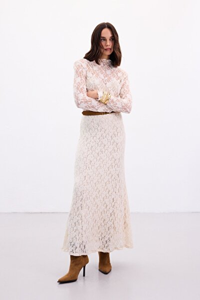 Sateen Lace Long Skirt - Beige