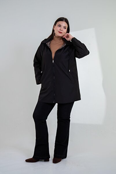 Roxxlen Дамско палто с леопардов принт в черно, подходящо за по-пълни дами