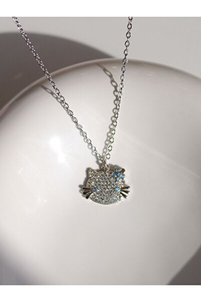 Reorah Collection Blue Floral Kitty Necklace with Zircon Stone - Silver Color