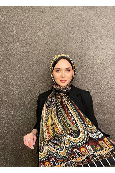 tomrisboutique Lüks Şal İpek Hijab 4 Mevsim Çift Taraflı Paisley Etnik Desen ...
