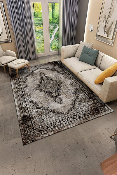 ferahome Dijital Baskı Vintage Eskitme Desenli Kaymaz Dot Taban Yıkanabilir O...