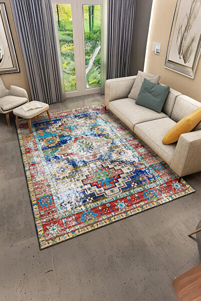 ferahome Dijital Baskı Vintage Eskitme Desenli Kaymaz Dot Taban Yıkanabilir O...