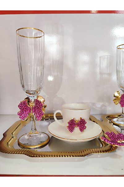 FTH DİZAYN 2-Person Coffee Set with Colored Stones, 2 Trays, 2 Coffee Side Ta...