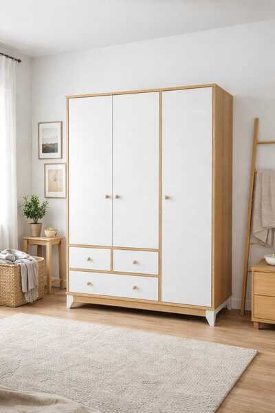 Koza %100 MDF Bonnie Ahşap Beyaz 3 Kapılı Bebek&Çocuk Gardırop