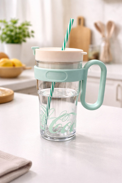 Kitchen Way 800ml Polycarbonate Flask with Patterned Straw and Lid Kw-1031
