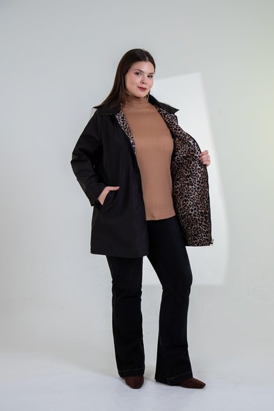 Roxxlen Palton negru reversibil cu imprimeu leopard pentru femei de mărime mare