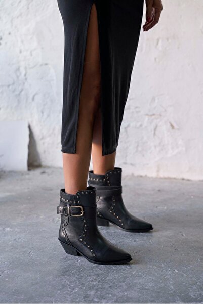 PELİN'İN AYAKKABILARI SOLONA SİYAH DERİ KOVBOY BOT